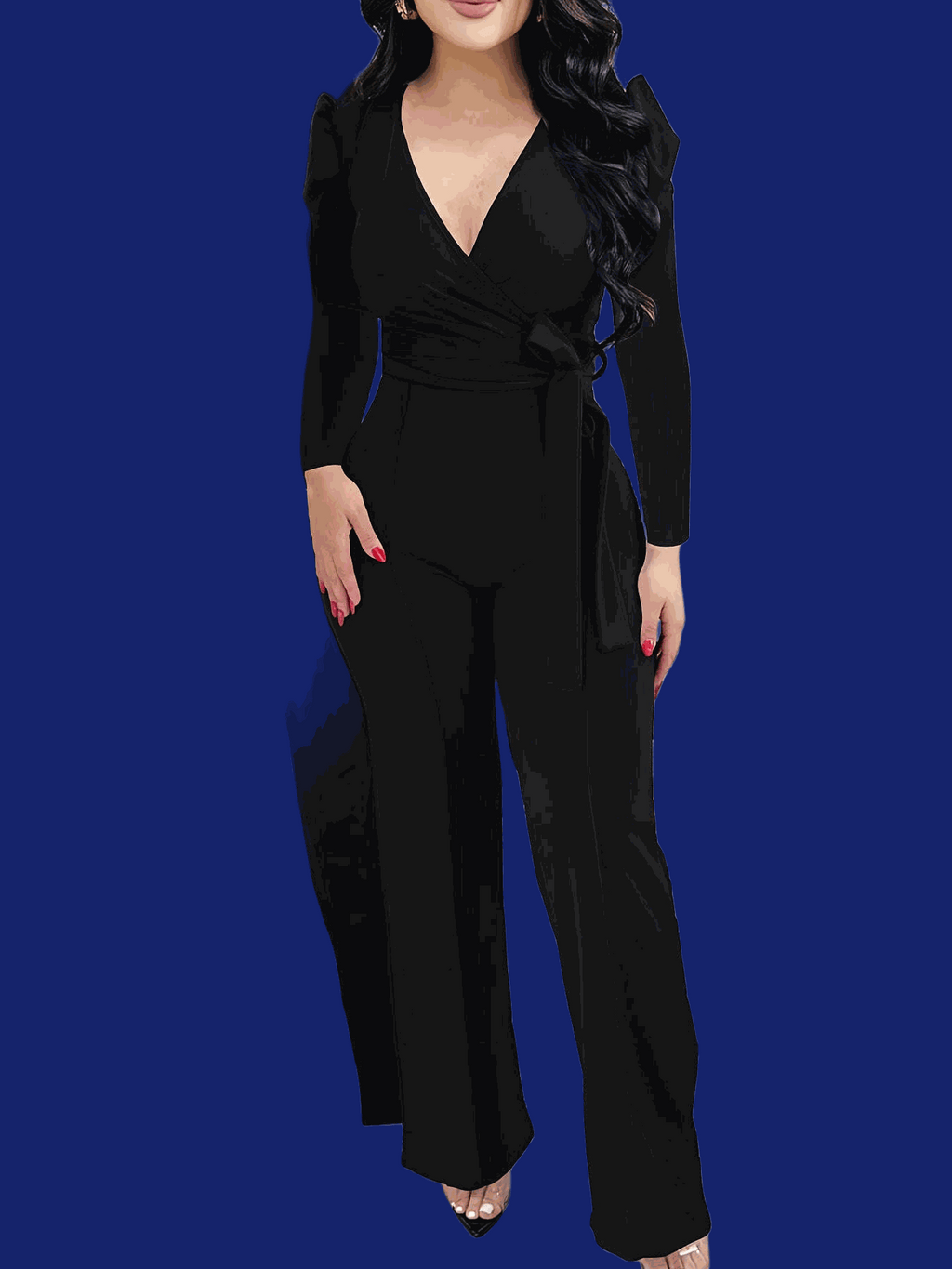 Women's Burgundy V-Neck Jumpsuit - Adjustable Waist Tie, Casual Style   OAXG Royal Blue / S