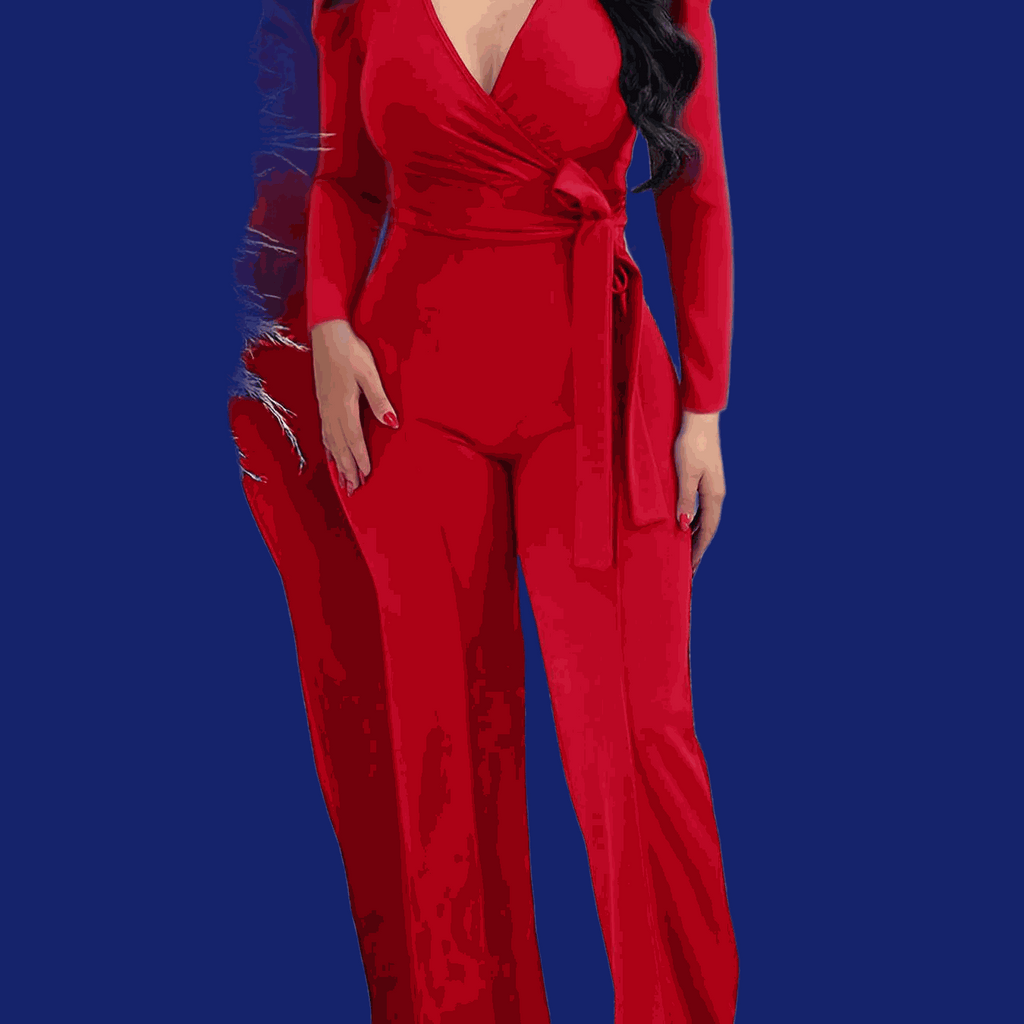 Women's Burgundy V-Neck Jumpsuit - Adjustable Waist Tie, Casual Style   OAXG Royal Blue / S