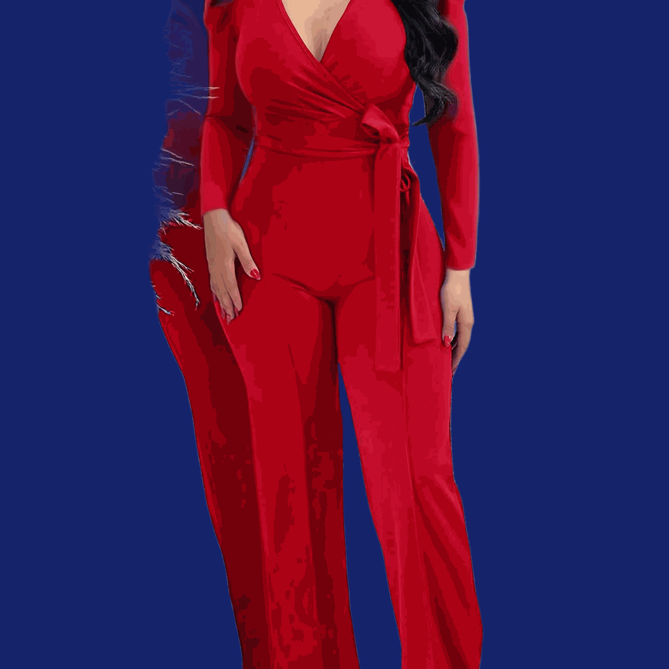 Women's Burgundy V-Neck Jumpsuit - Adjustable Waist Tie, Casual Style   OAXG Royal Blue / S