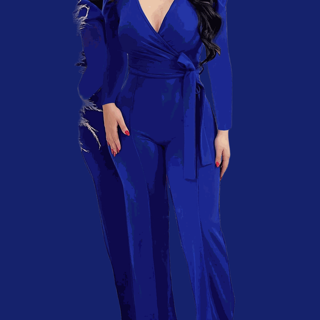 Women's Burgundy V-Neck Jumpsuit - Adjustable Waist Tie, Casual Style   OAXG Royal Blue / S