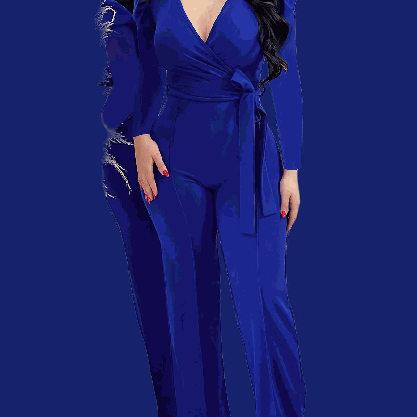 Women's Burgundy V-Neck Jumpsuit - Adjustable Waist Tie, Casual Style   OAXG Royal Blue / S