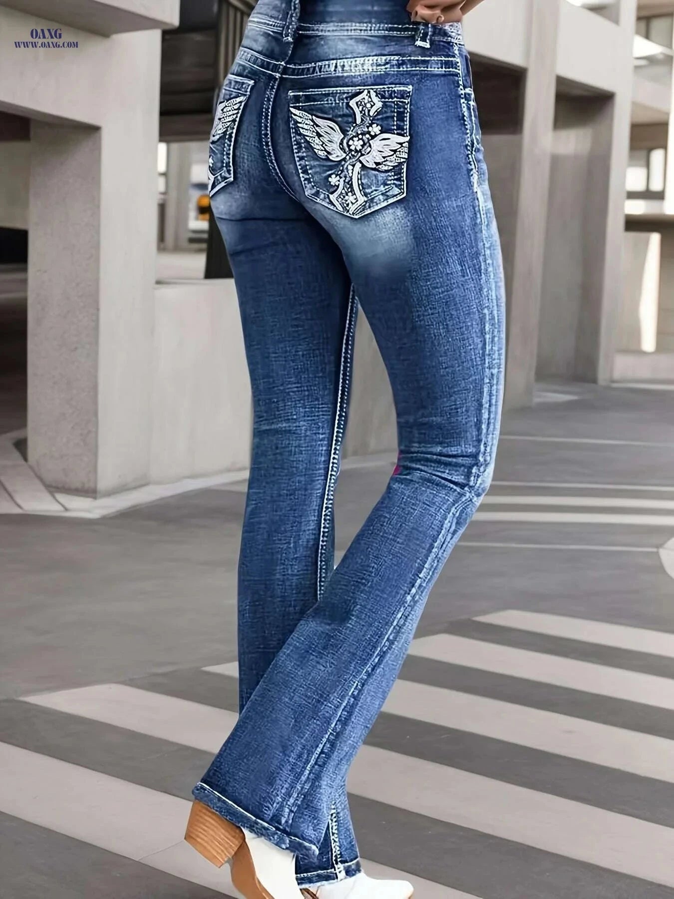 Women's Butterfly Print Flared Jeans - High Stretch Denim for Spring   OAXG Peacock Blue / S