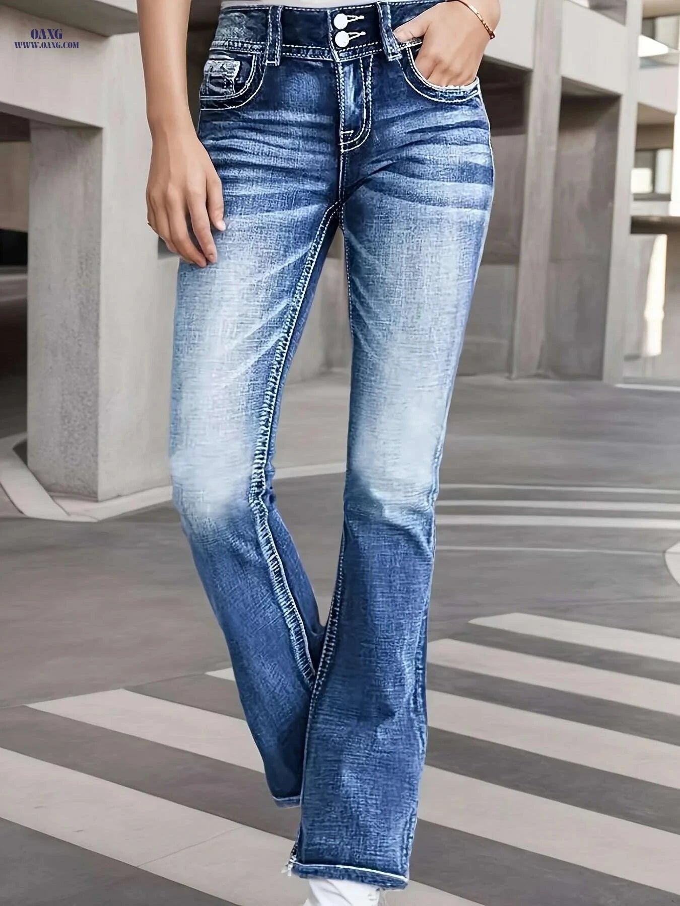 Women's Butterfly Print Flared Jeans - High Stretch Denim for Spring   OAXG Peacock Blue / S