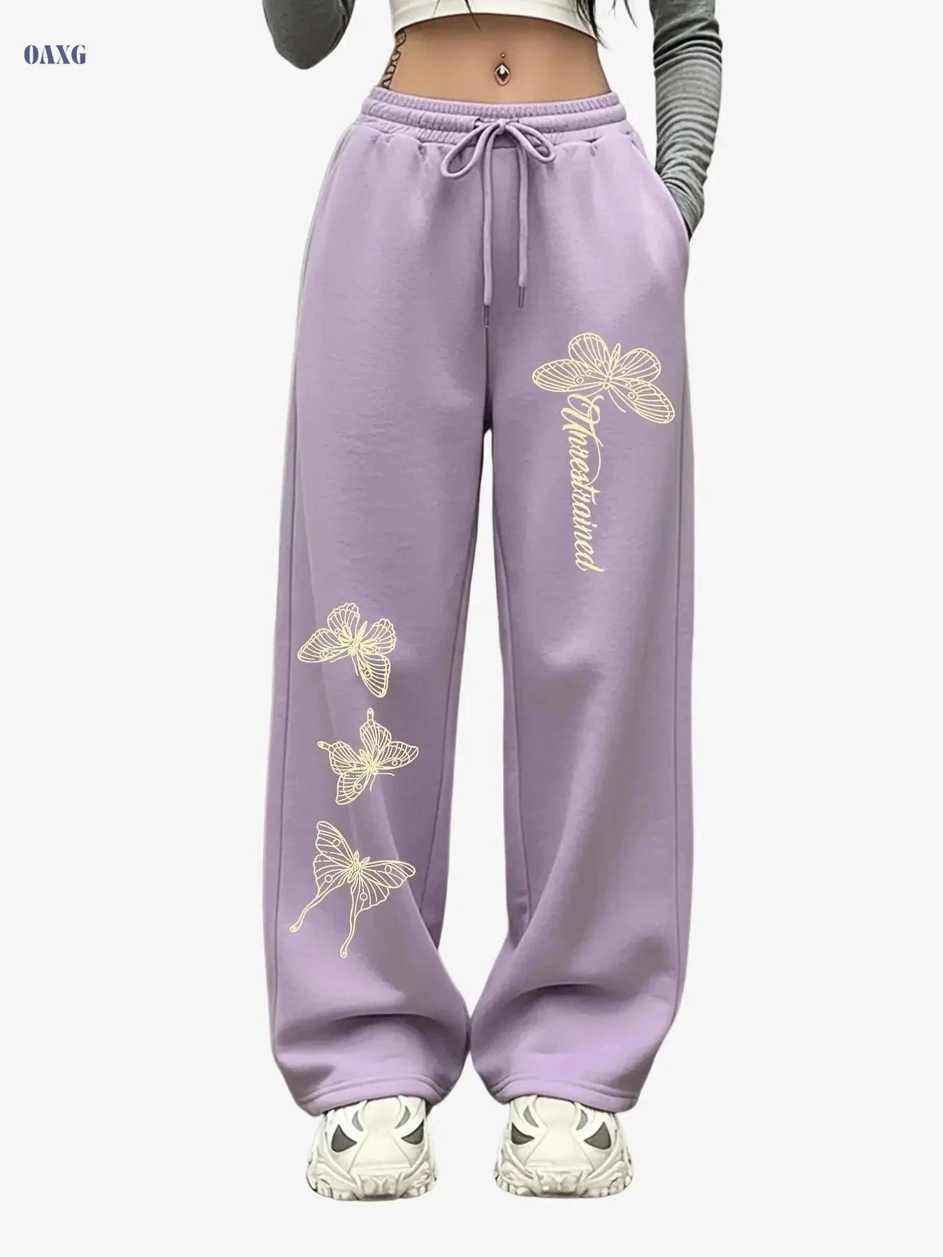 Women's Butterfly Print Wide-Leg Pants - Casual Stretch Trousers   OAXG Grey / XS