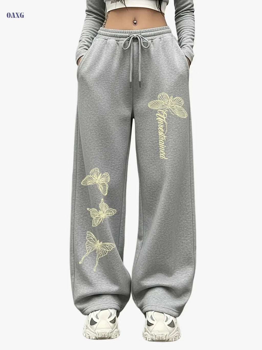 Women's Butterfly Print Wide-Leg Pants - Casual Stretch Trousers   OAXG Grey / XS