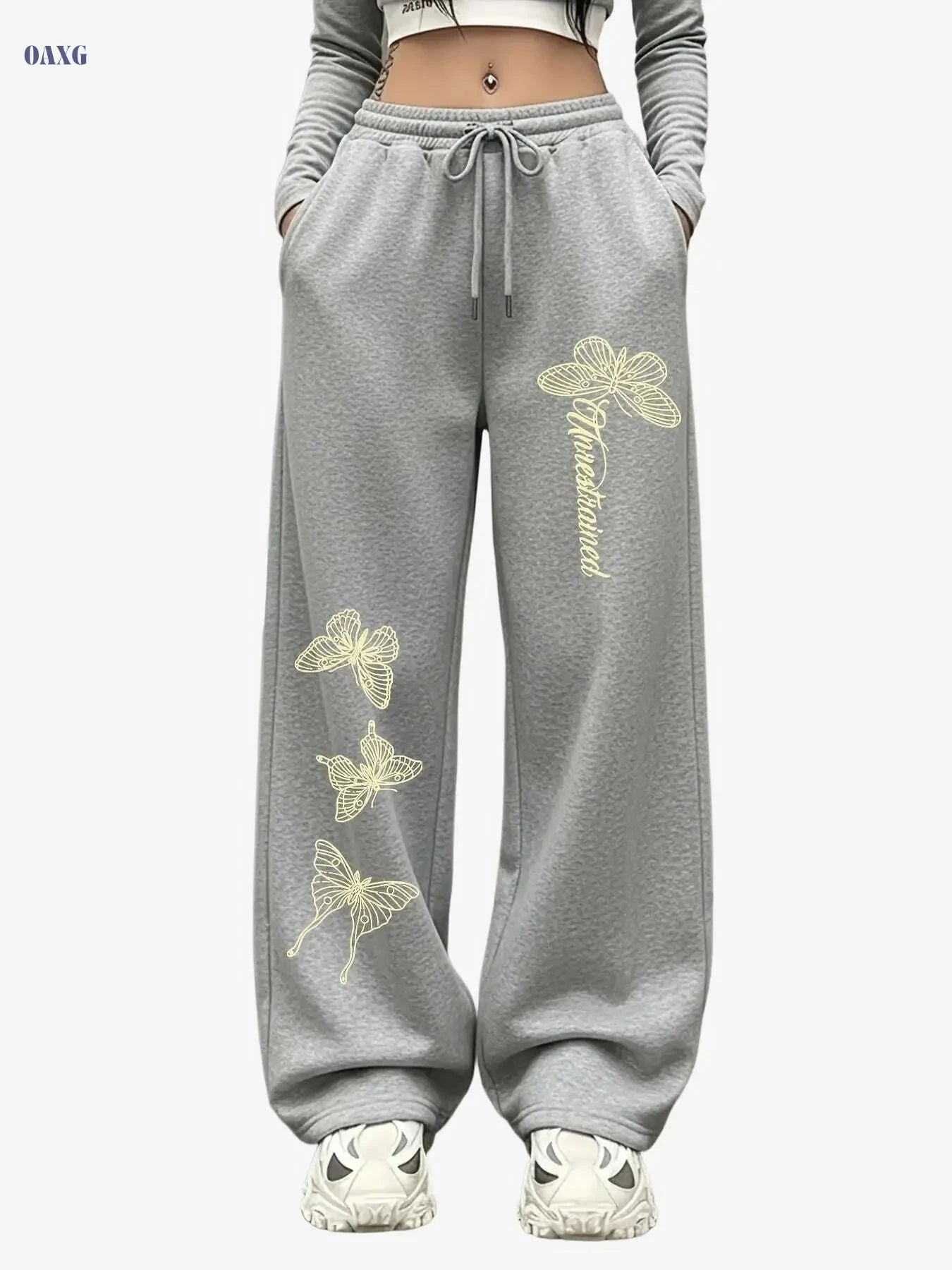 Women's Butterfly Print Wide-Leg Pants - Casual Stretch Trousers   OAXG Grey / XS