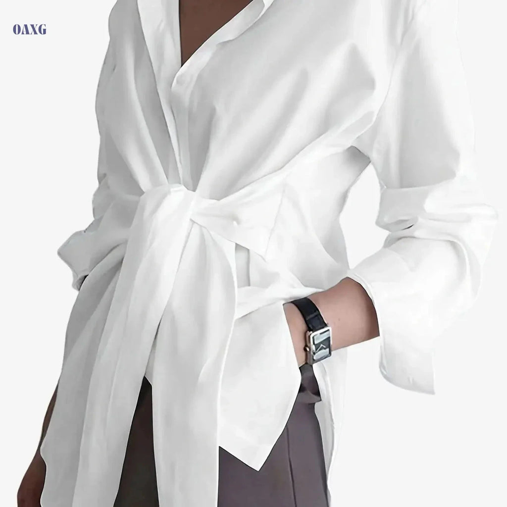 Women's Button-Up Long Sleeve Shirt - Solid Color Casual Style   OAXG 