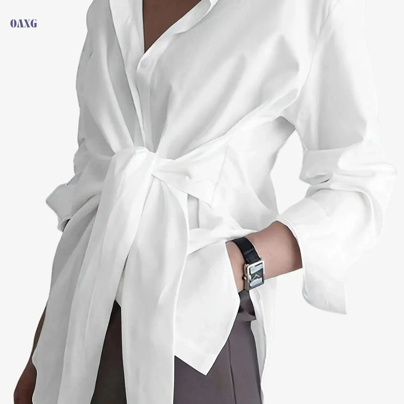 Women's Button-Up Long Sleeve Shirt - Solid Color Casual Style   OAXG 