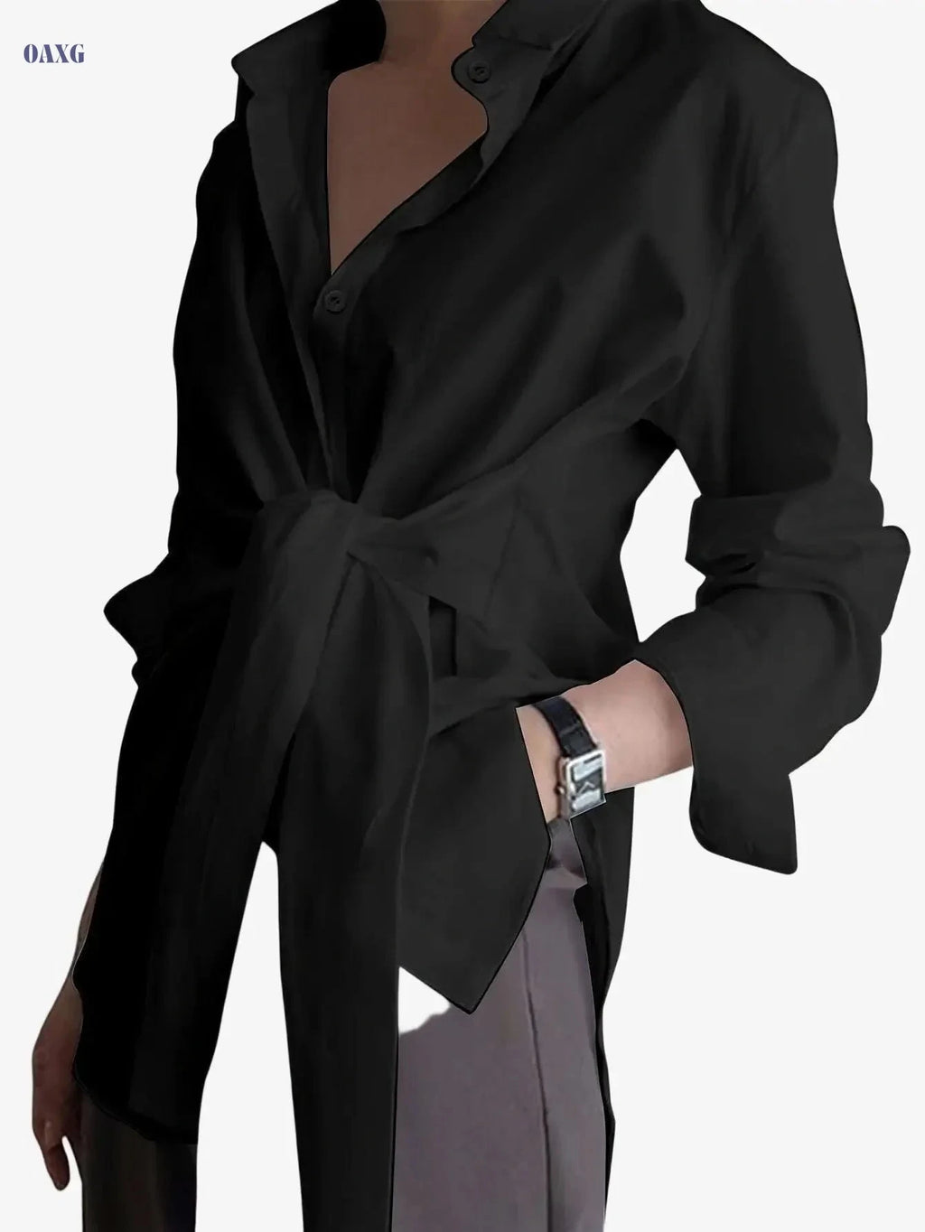 Women's Button-Up Long Sleeve Shirt - Solid Color Casual Style   OAXG White / S