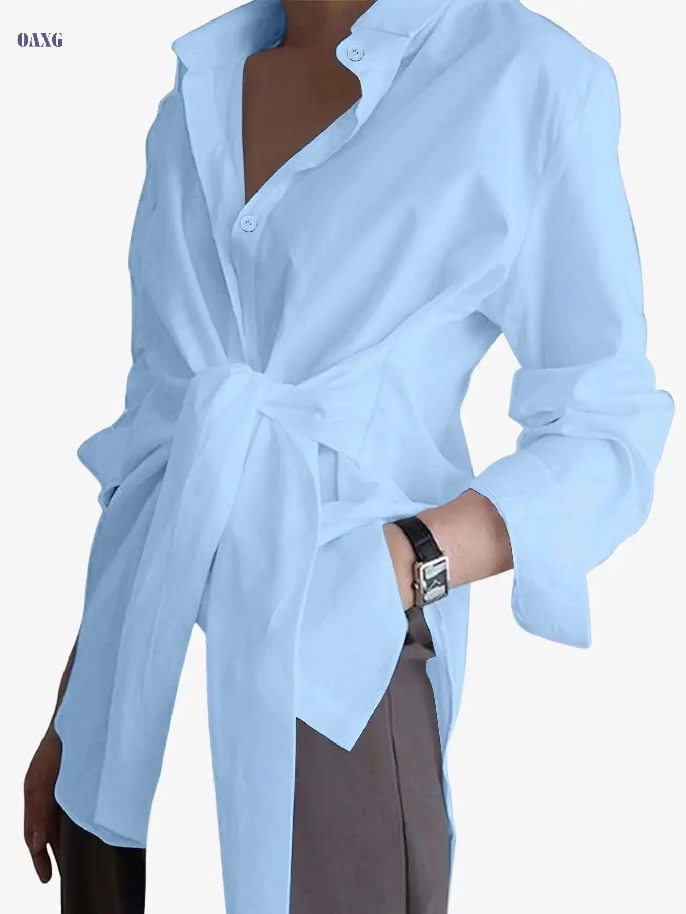 Women's Button-Up Long Sleeve Shirt - Solid Color Casual Style   OAXG White / S
