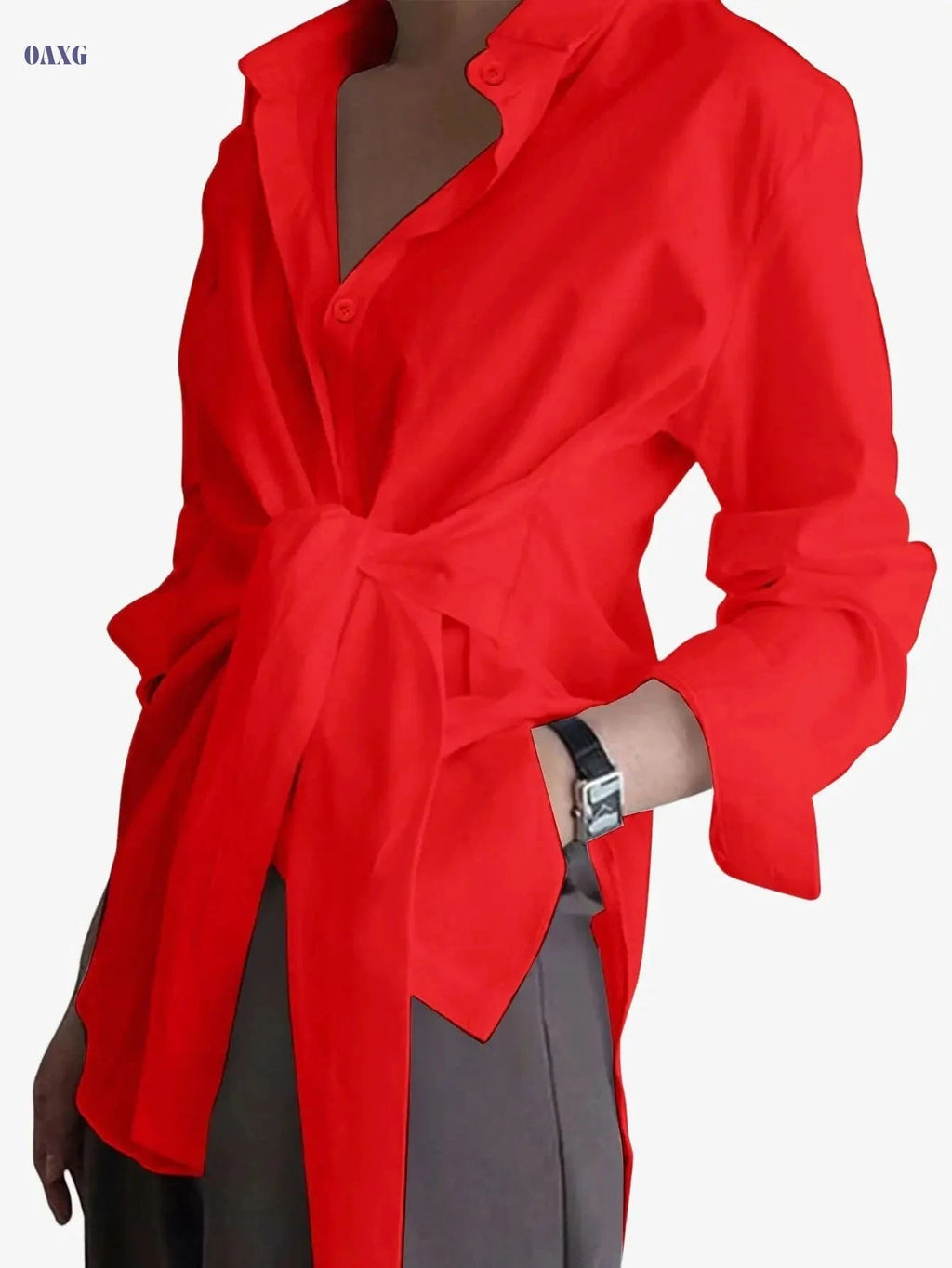 Women's Button-Up Long Sleeve Shirt - Solid Color Casual Style   OAXG White / S