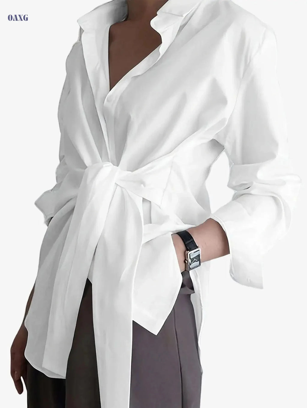 Women's Button-Up Long Sleeve Shirt - Solid Color Casual Style   OAXG White / S