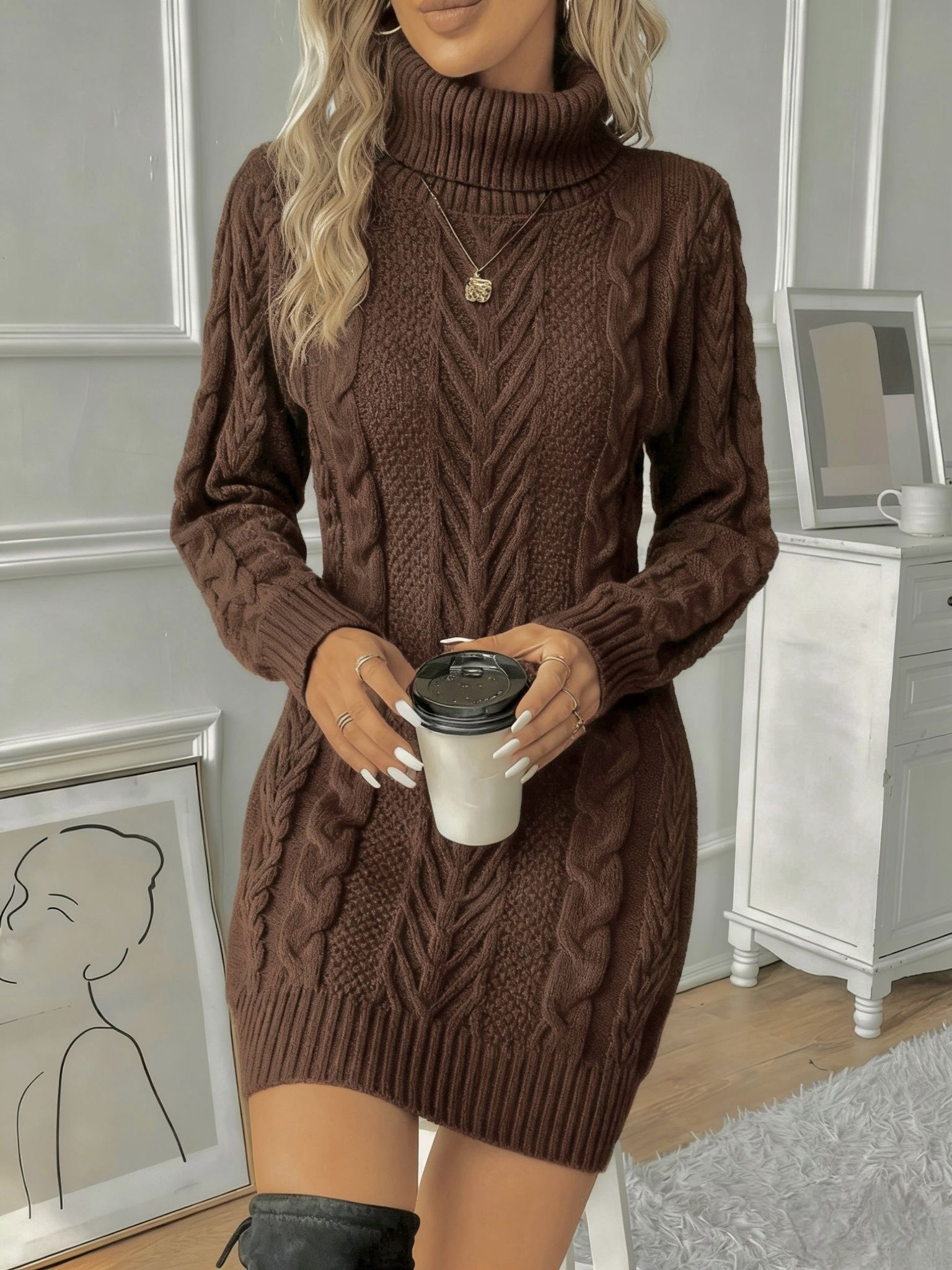 Women's Cable Sweater Dress   OAXG Khaki / S
