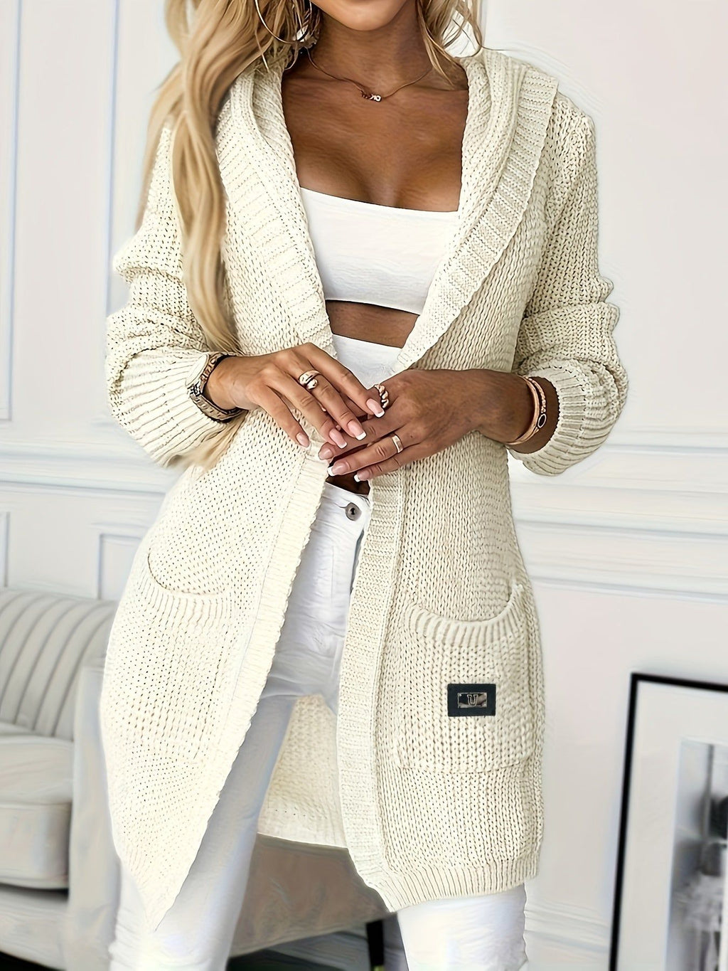 Women's Cardigan Sweater with Pockets and Hood, Loose Fit, Spring and Autumn Sweater, Women's Clothing   OAXG Ivory White / M