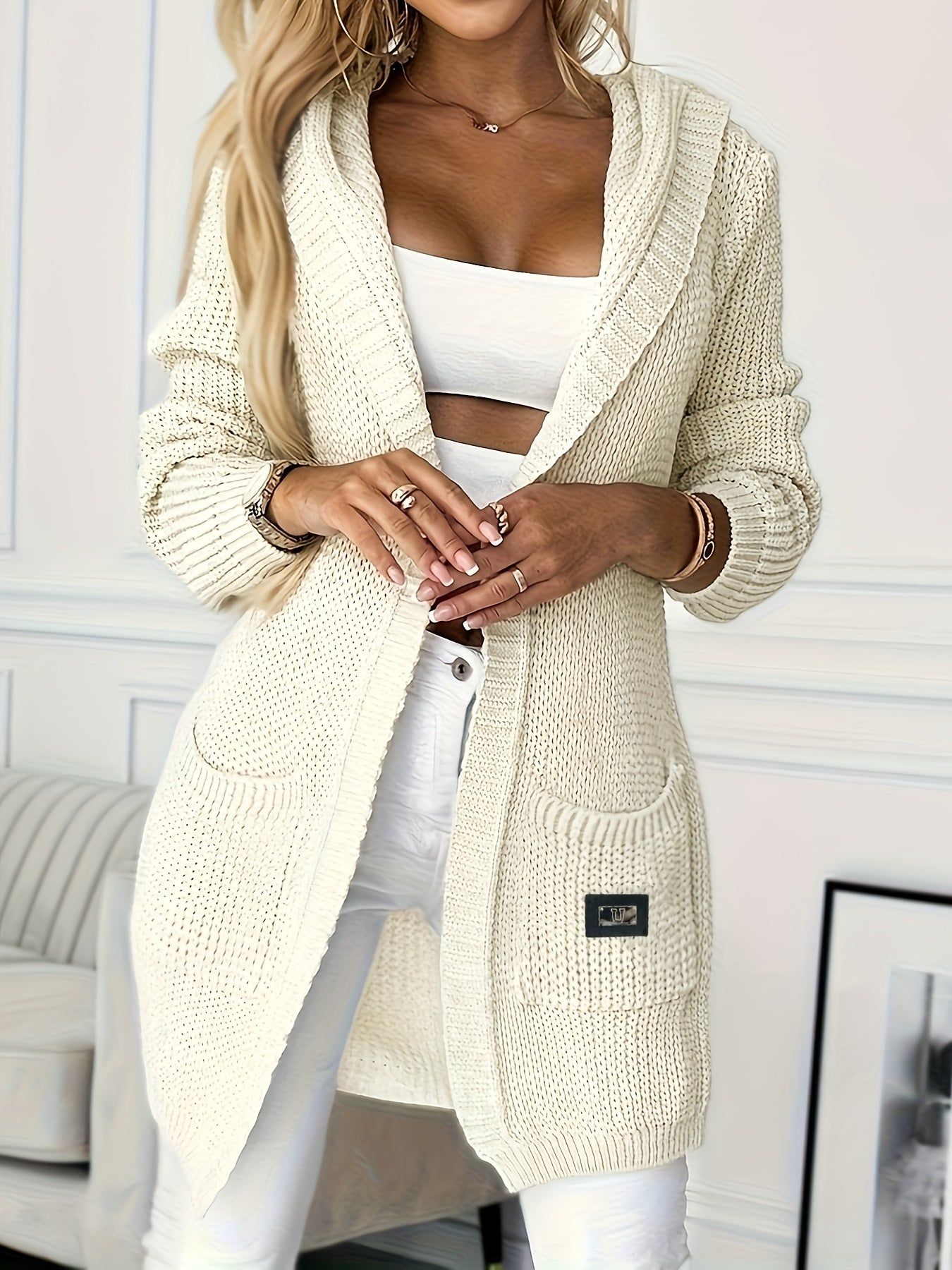 Women's Cardigan Sweater with Pockets and Hood, Loose Fit, Spring and Autumn Sweater, Women's Clothing   OAXG Ivory White / M