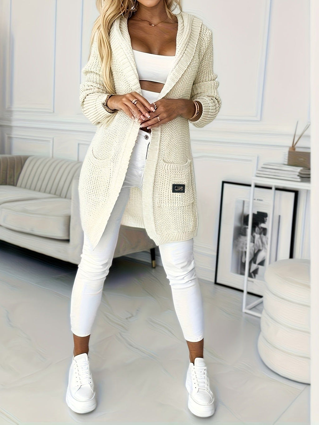 Women's Cardigan Sweater with Pockets and Hood, Loose Fit, Spring and Autumn Sweater, Women's Clothing   OAXG Ivory White / M