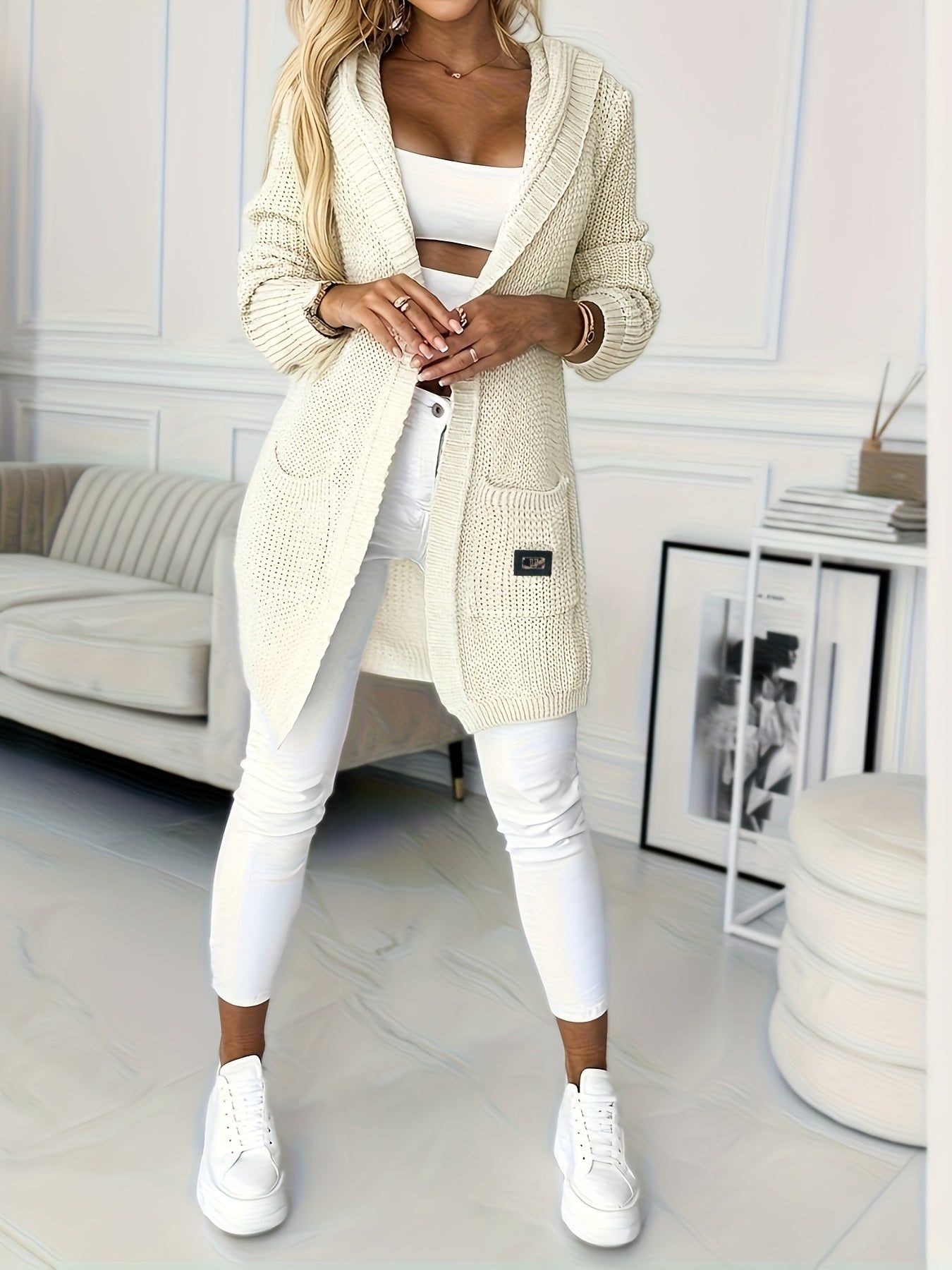Women's Cardigan Sweater with Pockets and Hood, Loose Fit, Spring and Autumn Sweater, Women's Clothing   OAXG Ivory White / M