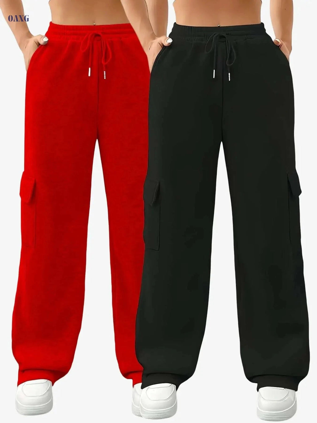 Women's Cargo Pants - Red & Black Sweatpants with Elastic Waistband   OAXG 
