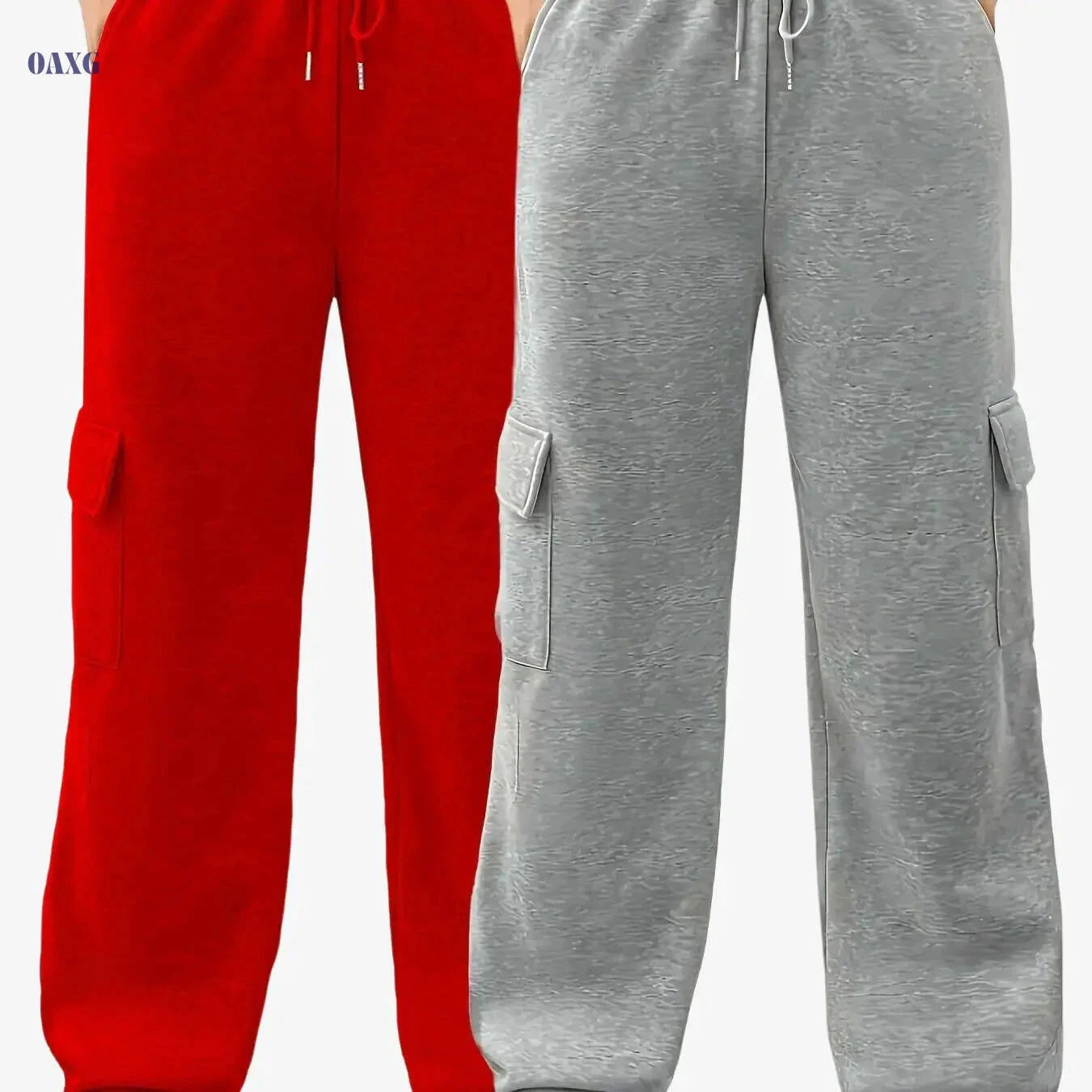 Women's Cargo Pants - Red & Black Sweatpants with Elastic Waistband   OAXG 