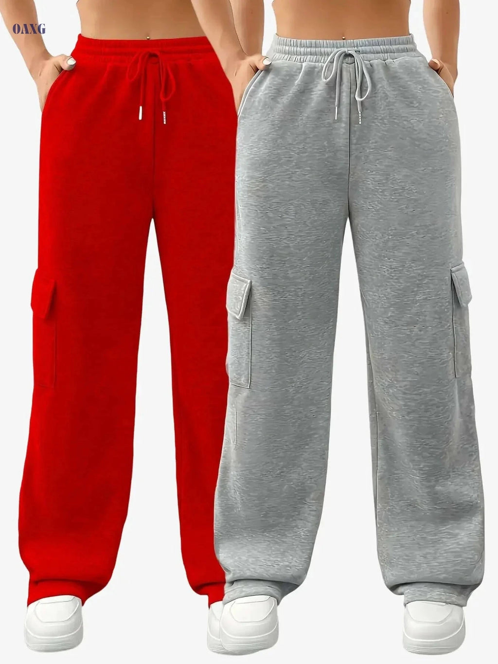 Women's Cargo Pants - Red & Black Sweatpants with Elastic Waistband   OAXG Black+gray / S