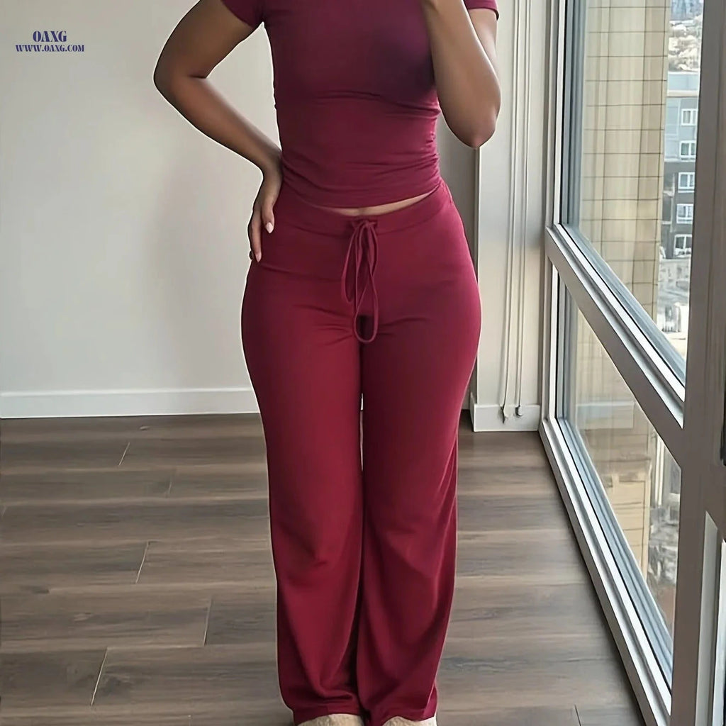 Women's Casual 2-Piece Top and Wide-Leg Pants Set - All-Season Comfort   OAXG 