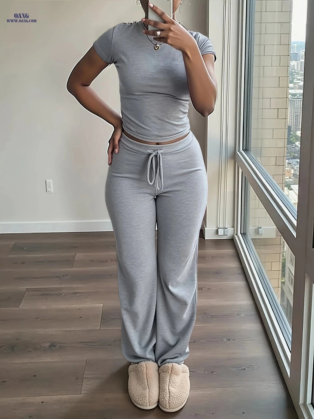 Women's Casual 2-Piece Top and Wide-Leg Pants Set - All-Season Comfort   OAXG 
