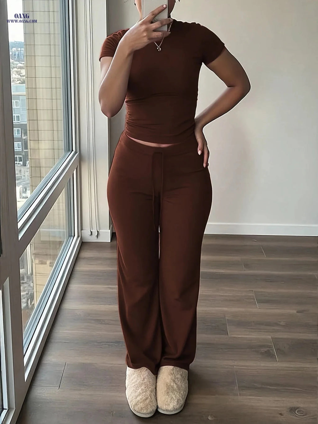 Women's Casual 2-Piece Top and Wide-Leg Pants Set - All-Season Comfort   OAXG Burgundy / XS