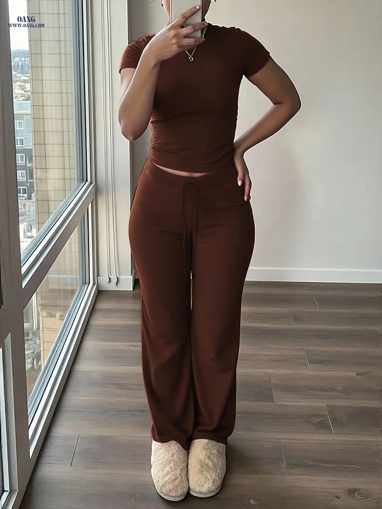 Women's Casual 2-Piece Top and Wide-Leg Pants Set - All-Season Comfort   OAXG Burgundy / XS
