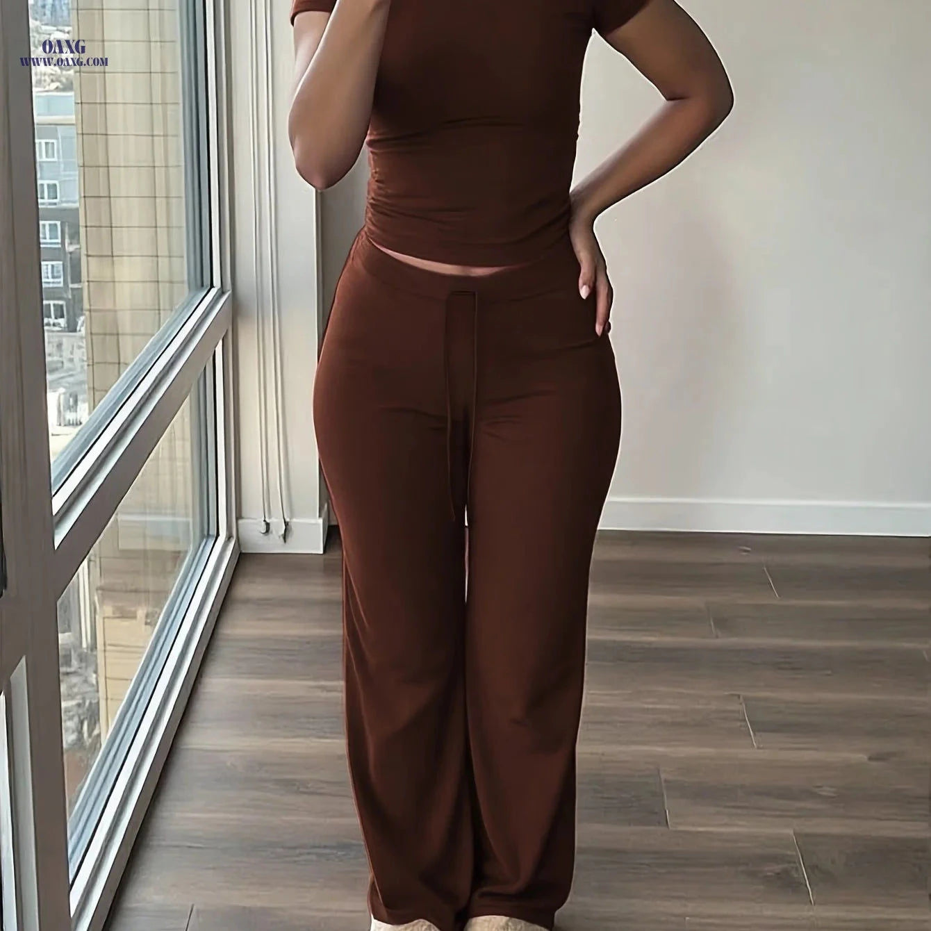 Women's Casual 2-Piece Top and Wide-Leg Pants Set - All-Season Comfort   OAXG Burgundy / XS