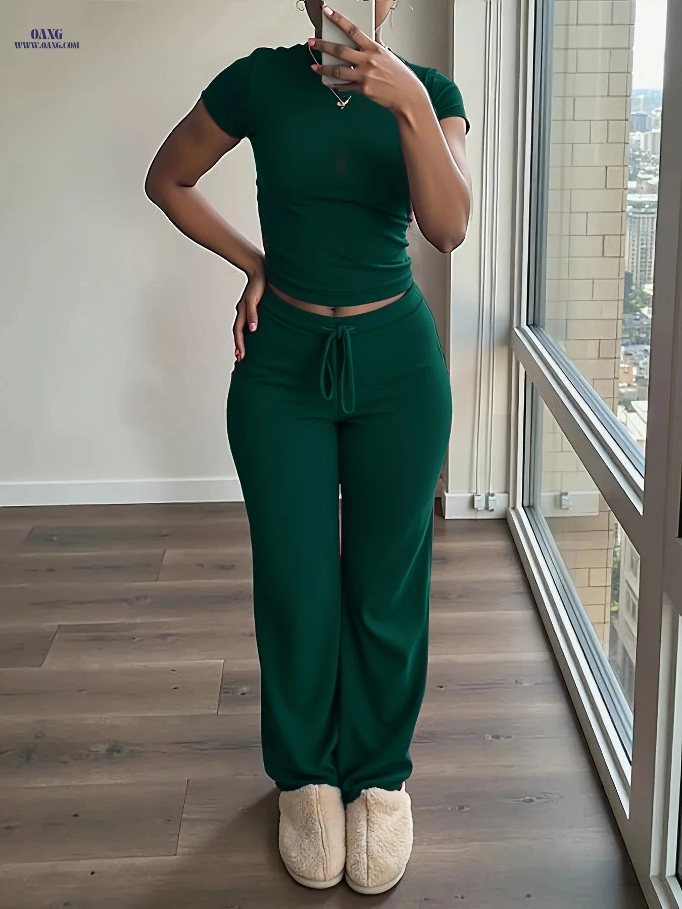 Women's Casual 2-Piece Top and Wide-Leg Pants Set - All-Season Comfort   OAXG 