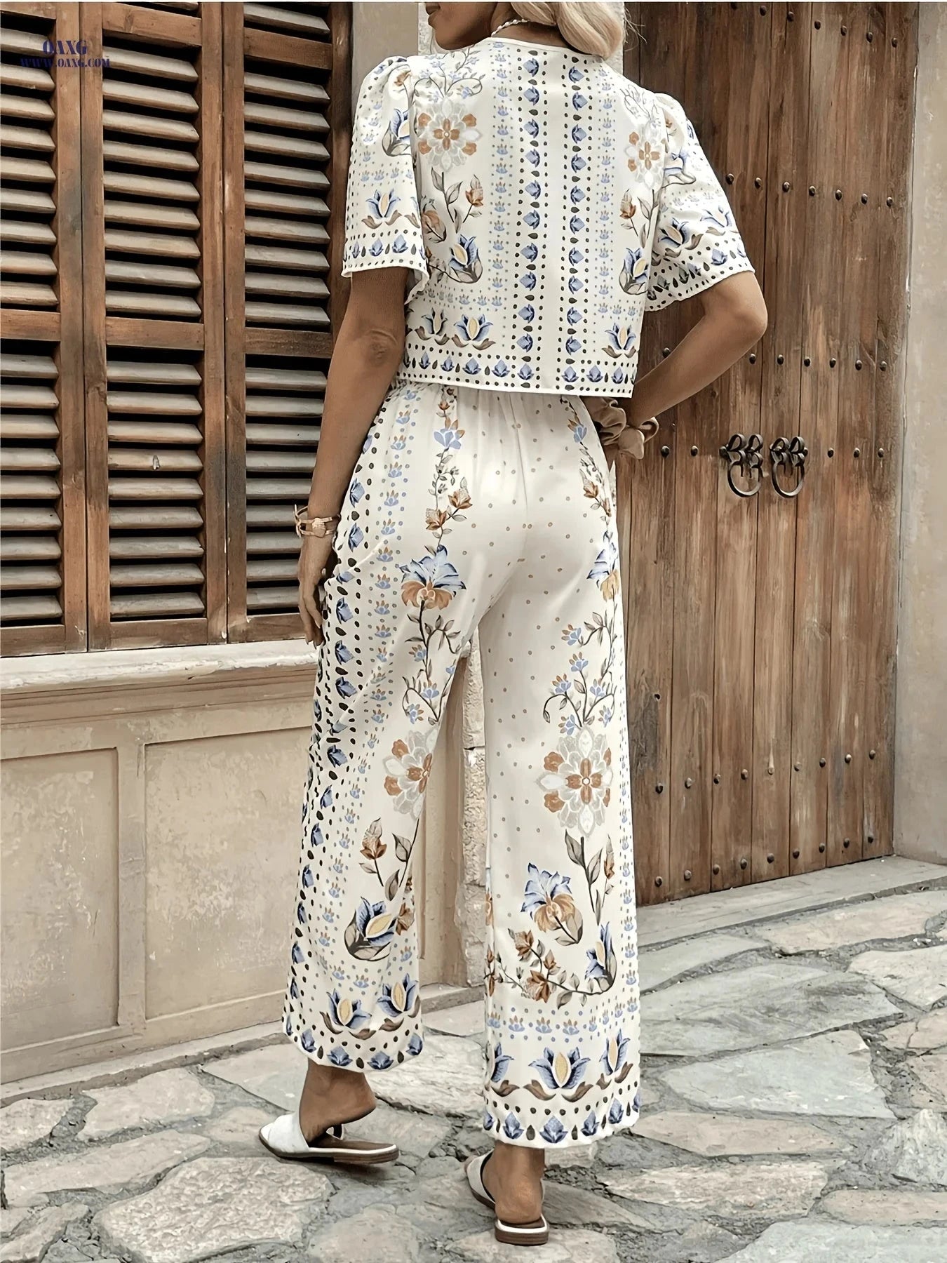 Women's Casual 2pcs Printed Top and Wide-Leg Pants Set - Floral   OAXG Mixed colors / S