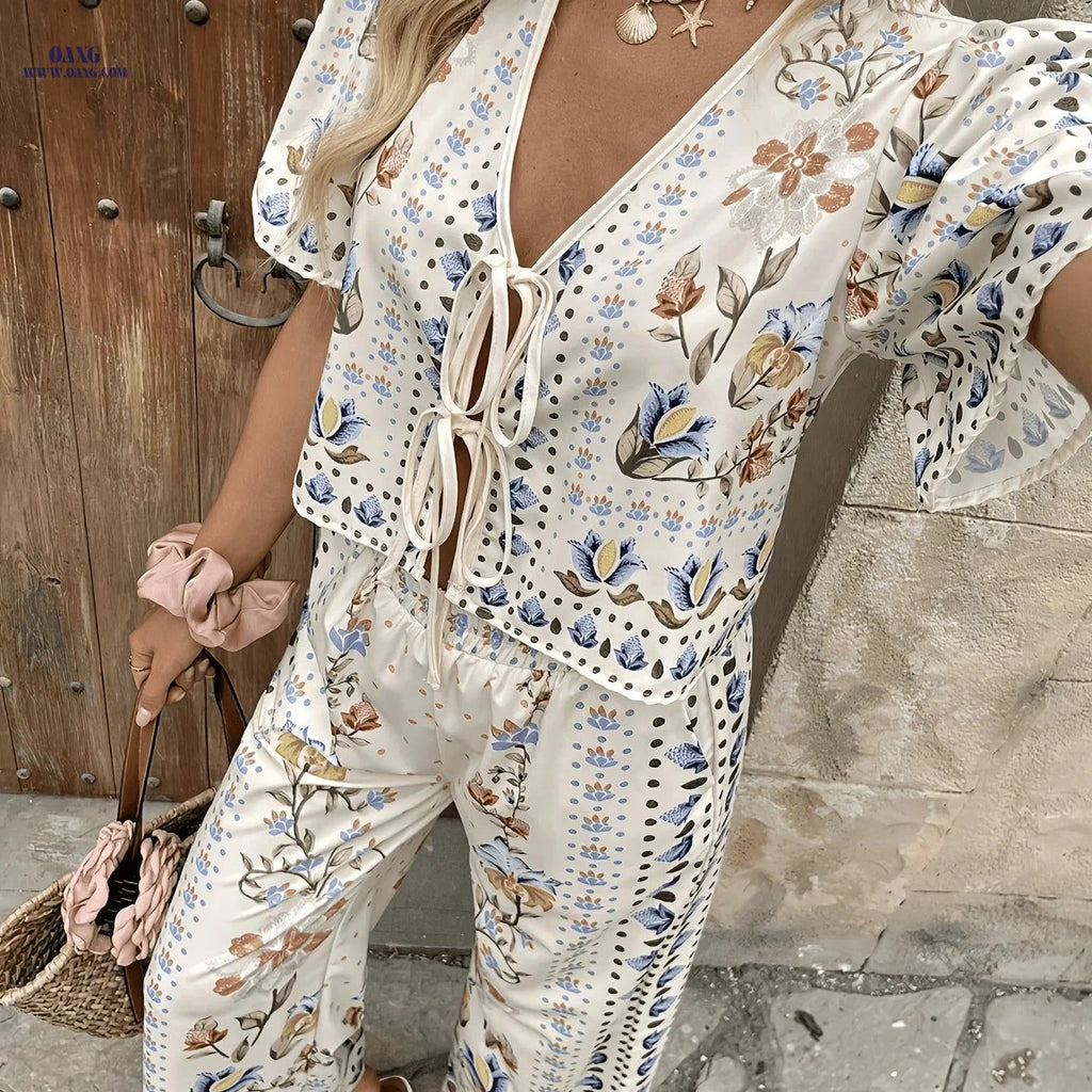Women's Casual 2pcs Printed Top and Wide-Leg Pants Set - Floral   OAXG Mixed colors / S