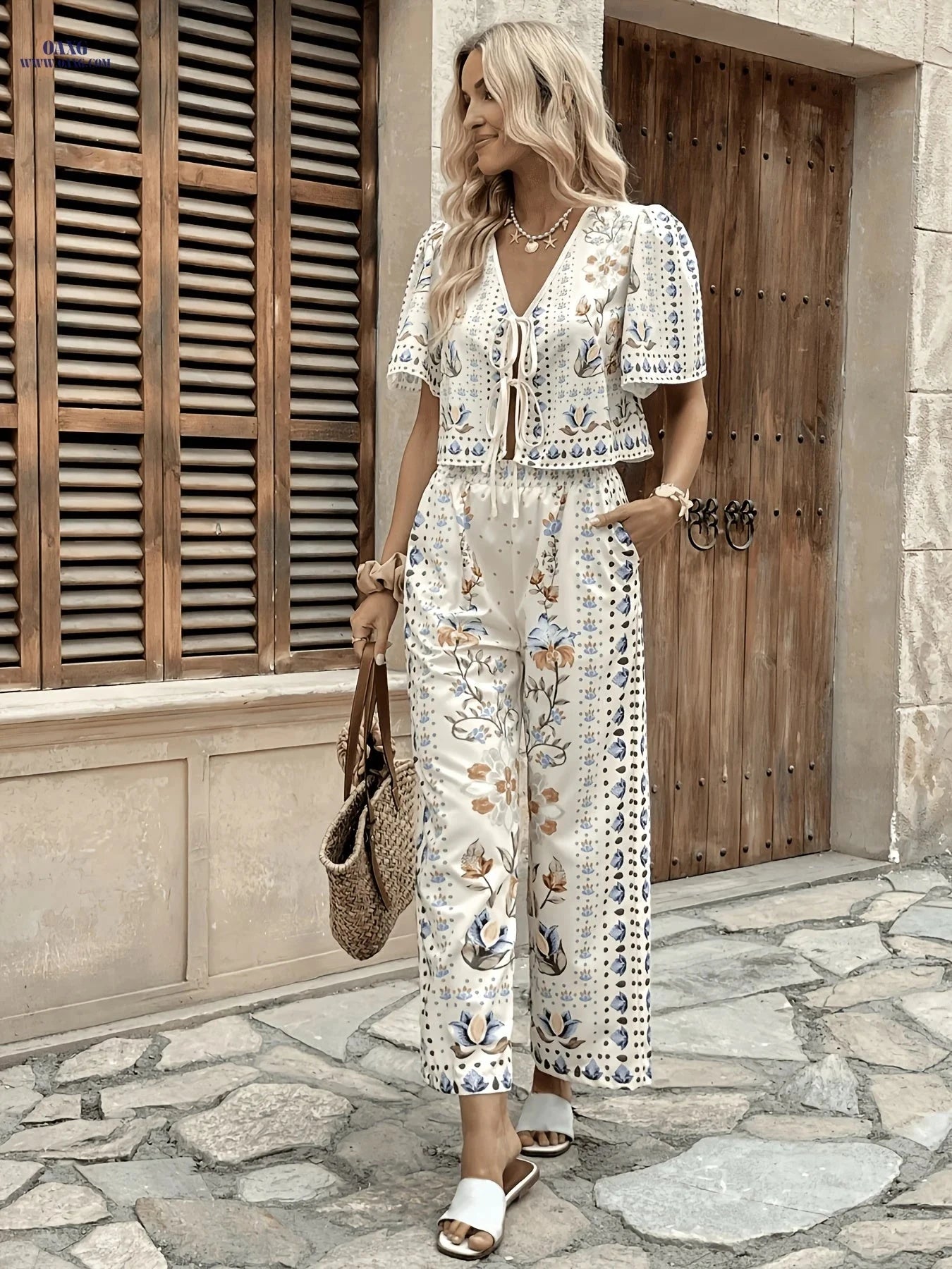 Women's Casual 2pcs Printed Top and Wide-Leg Pants Set - Floral   OAXG Mixed colors / S