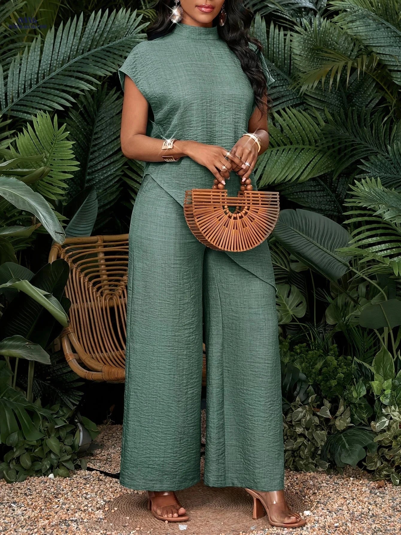 Women's Casual Asymmetrical Hem Top & Pants Set - Solid Color Style   OAXG 