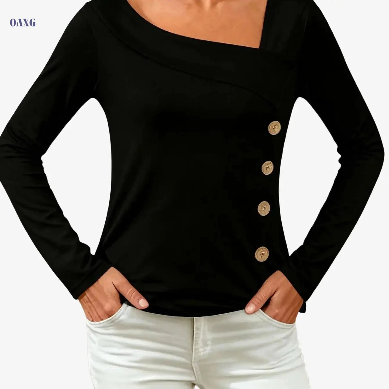 Women's Casual Asymmetrical Top - Long Sleeve, Square Neck Style   OAXG 