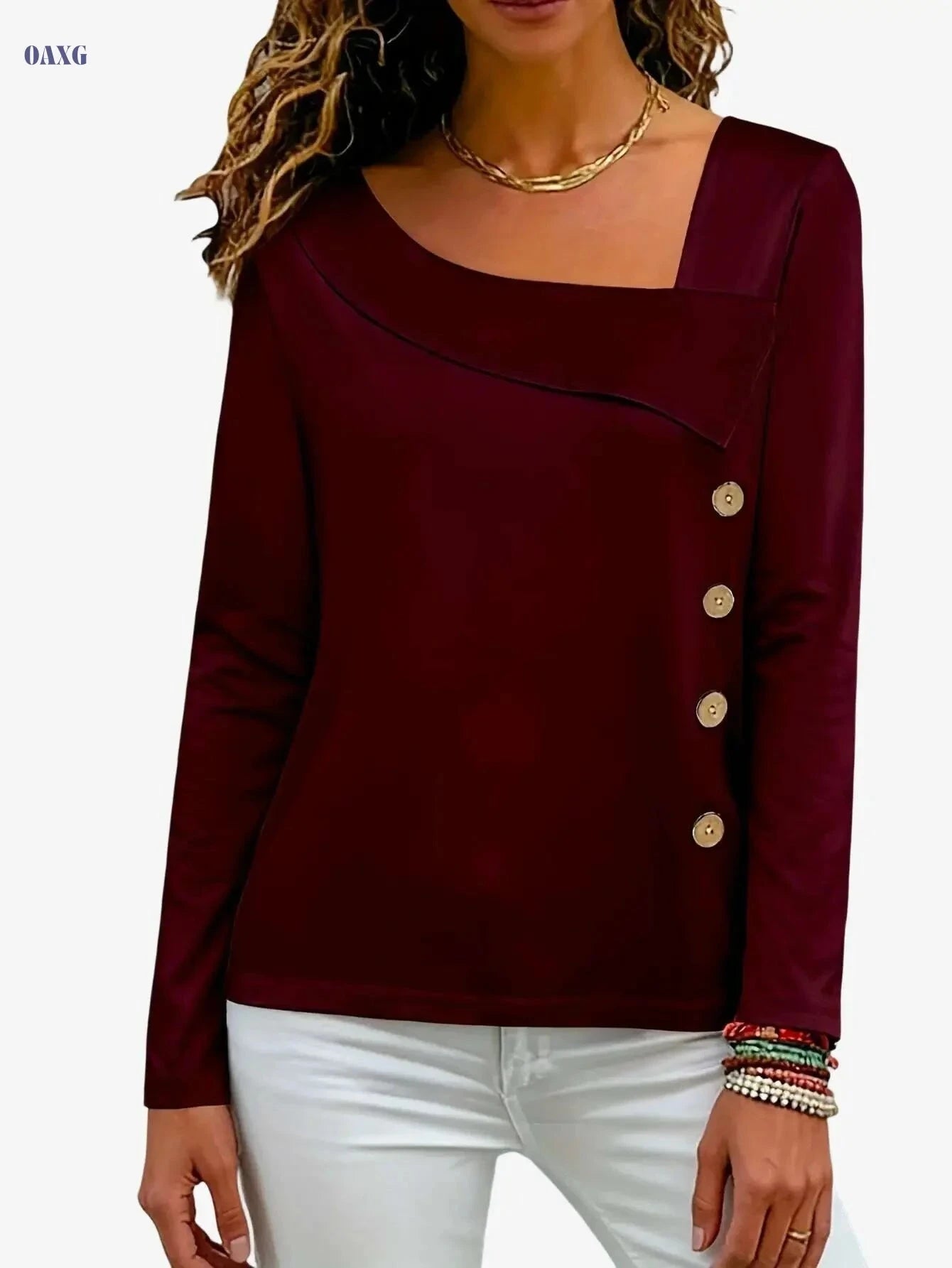 Women's Casual Asymmetrical Top - Long Sleeve, Square Neck Style   OAXG 