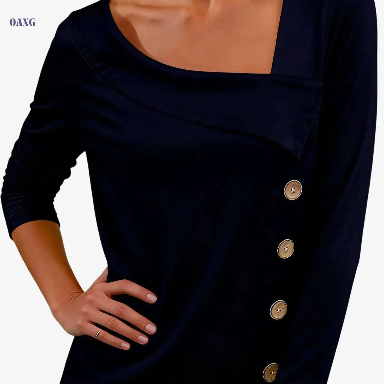 Women's Casual Asymmetrical Top - Long Sleeve, Square Neck Style   OAXG 