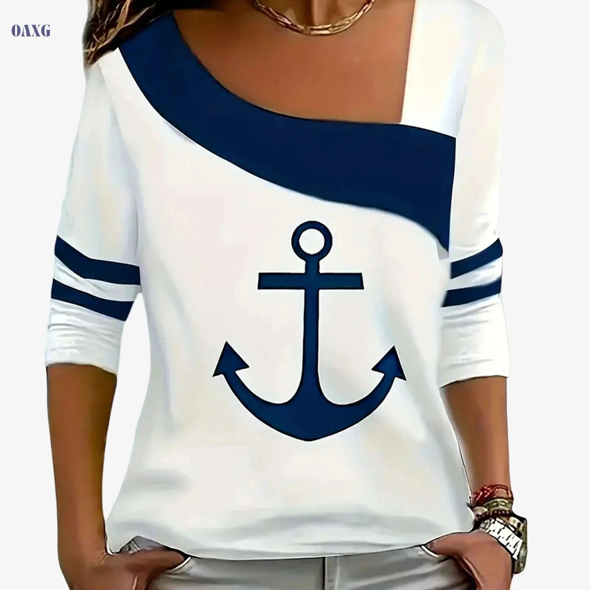 Women's Casual Asymmetrical Top - Long Sleeve, Square Neck Style   OAXG White / S