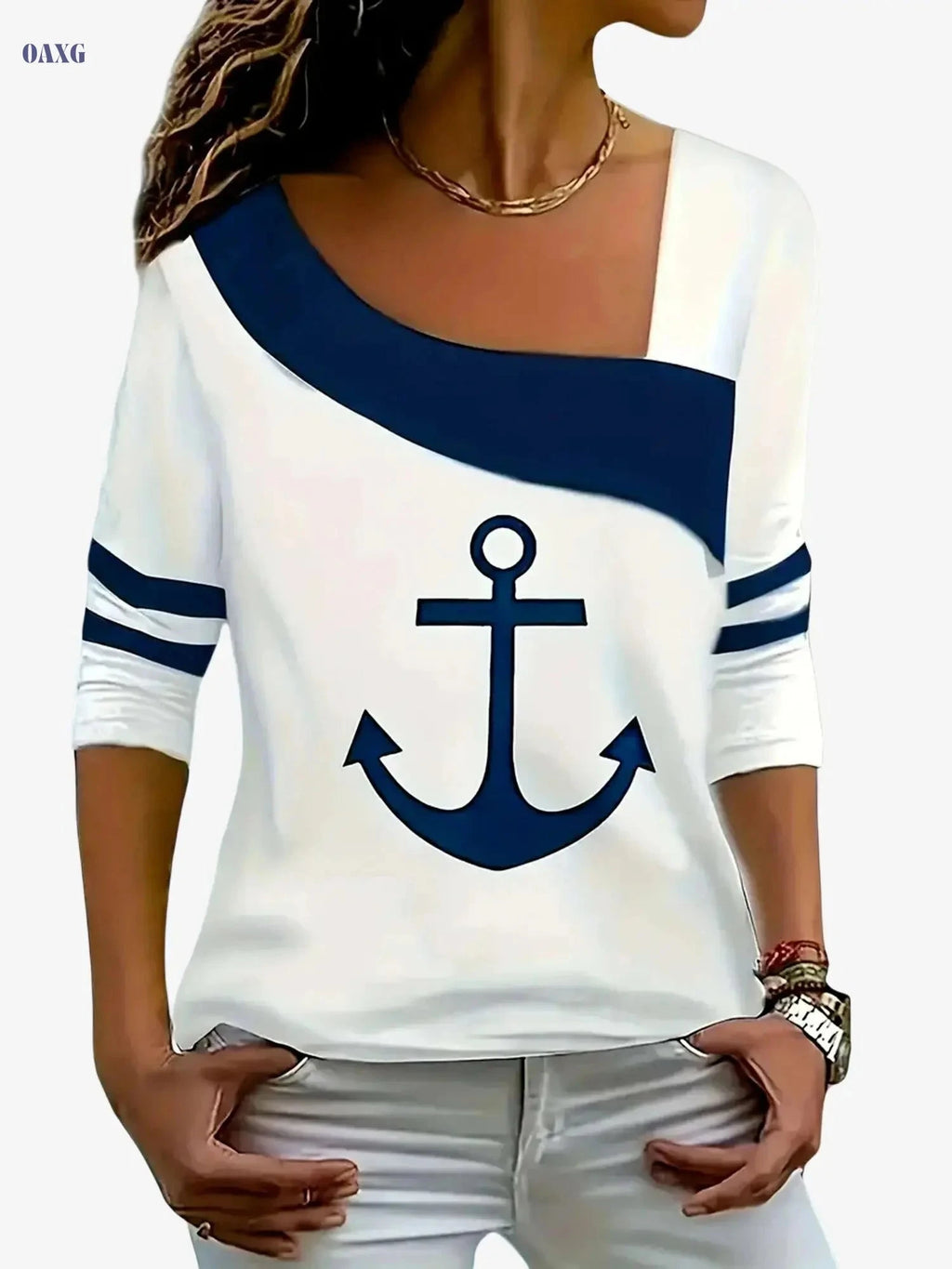 Women's Casual Asymmetrical Top - Long Sleeve, Square Neck Style   OAXG White / S