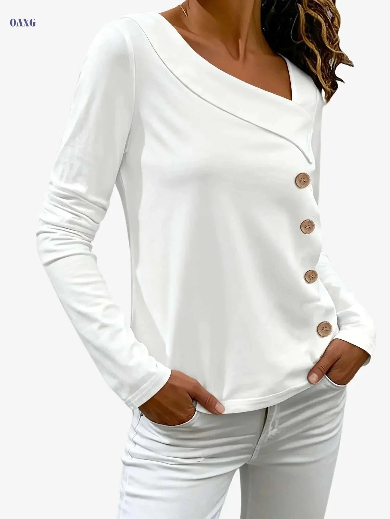 Women's Casual Asymmetrical Top - Long Sleeve, Square Neck Style   OAXG White / S