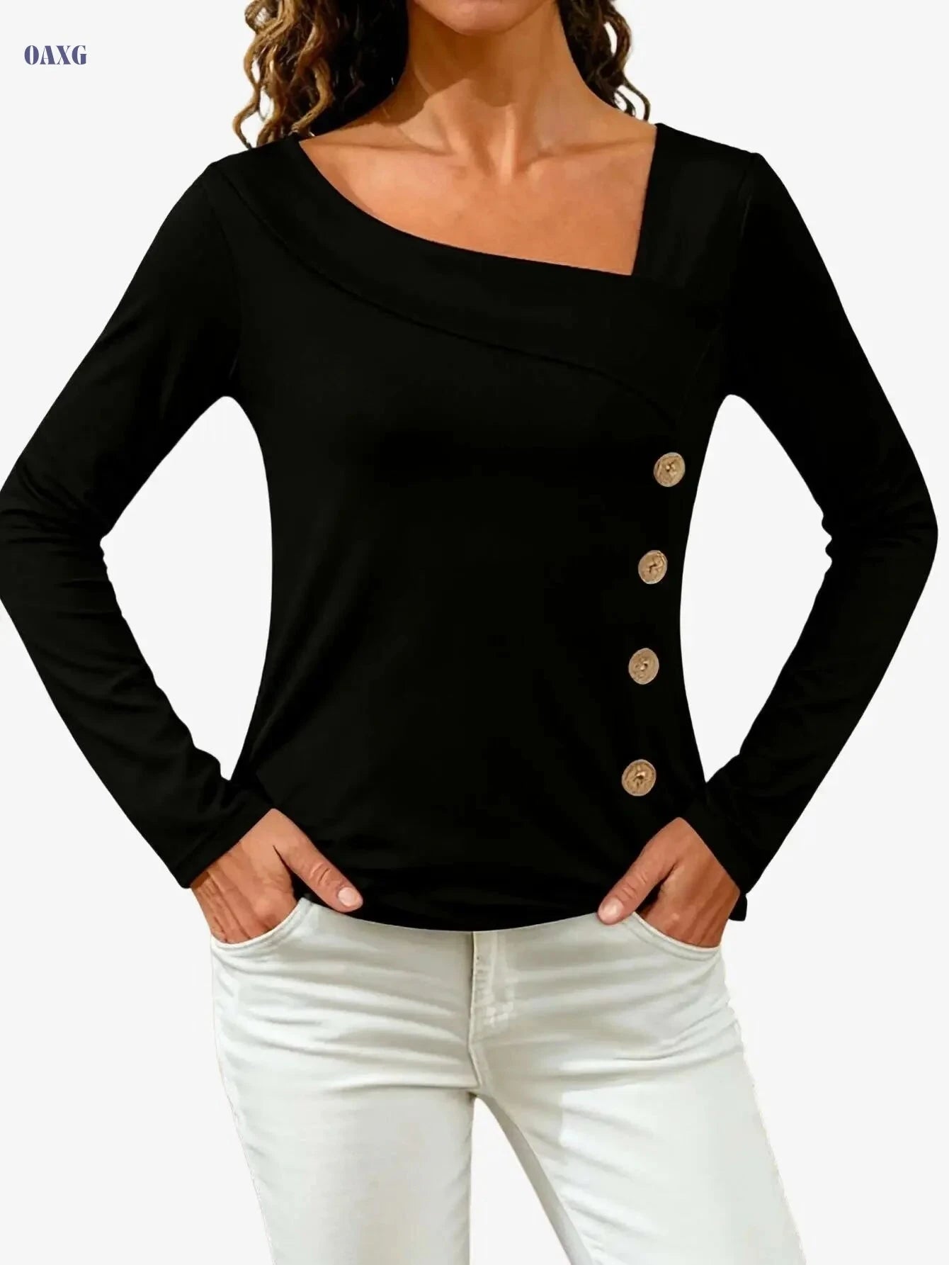 Women's Casual Asymmetrical Top - Long Sleeve, Square Neck Style   OAXG White / S