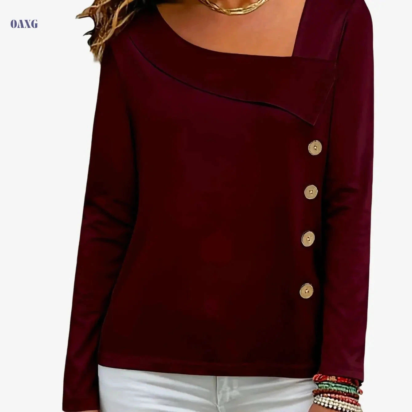 Women's Casual Asymmetrical Top - Long Sleeve, Square Neck Style   OAXG White / S