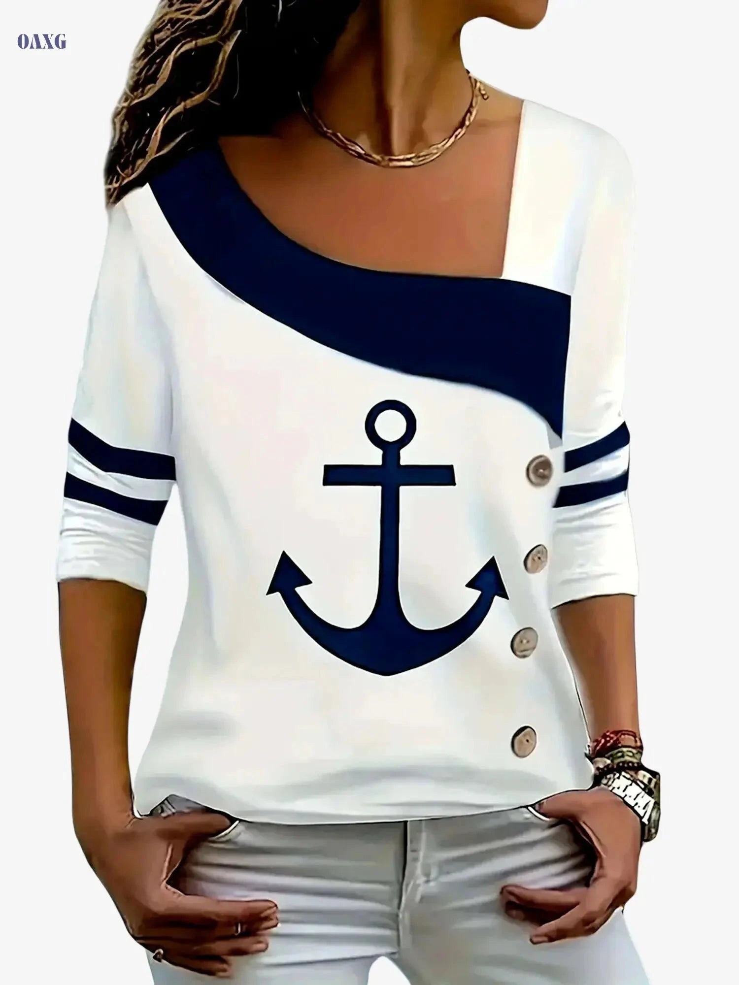 Women's Casual Asymmetrical Top - Long Sleeve, Square Neck Style   OAXG 