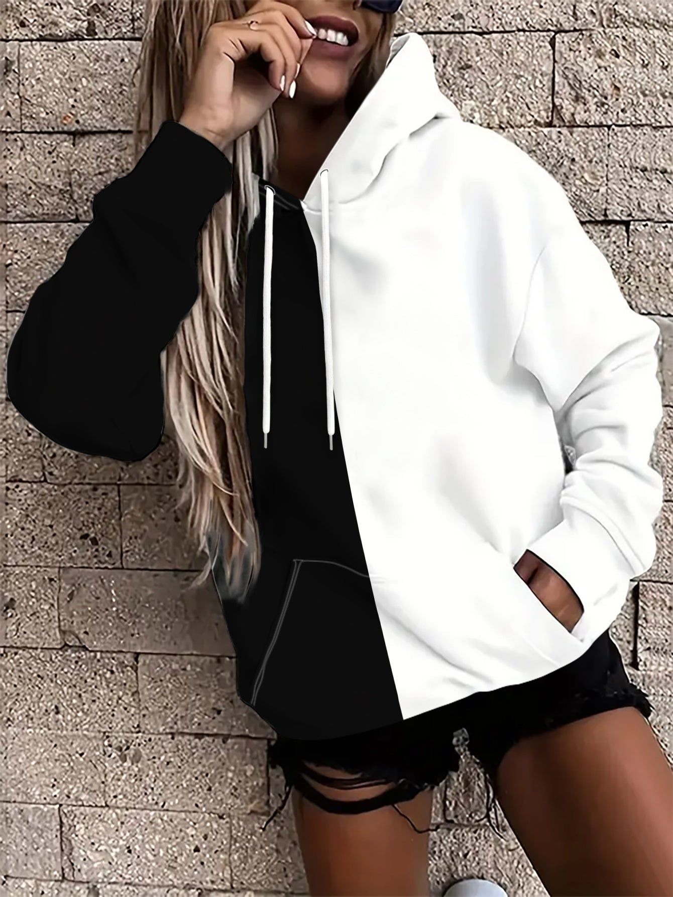 Women'S Casual Athletic Digital Print Hoodie, Black And White Easy Background, Comfortable Fall/Winter Casual Pullover, Machine Washable   OAXG Multicolor / S