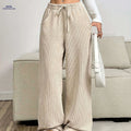 Women's Casual Beige Corduroy Wide-Leg Pants - Full-Length Winter Trousers   OAXG 