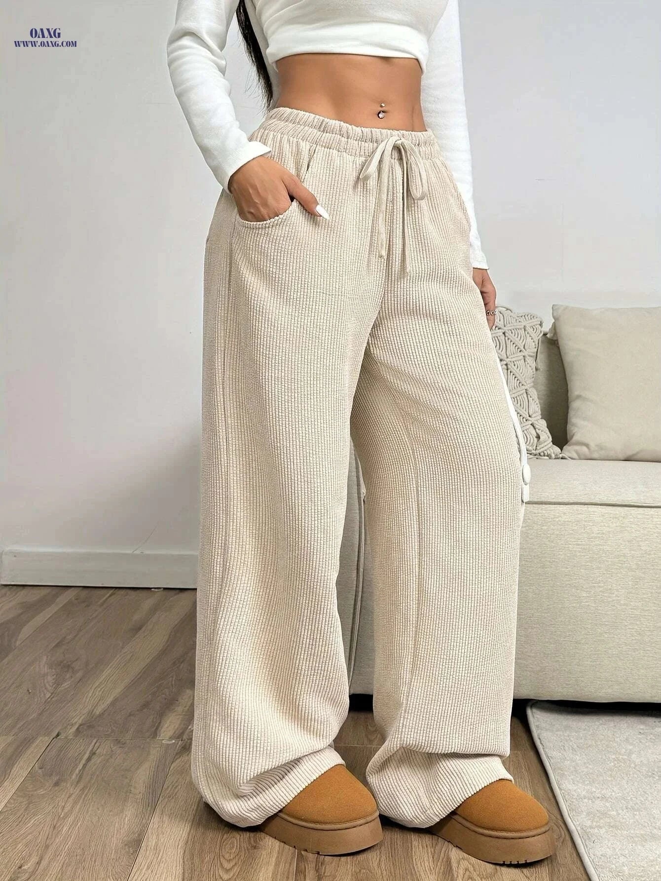 Women's Casual Beige Corduroy Wide-Leg Pants - Full-Length Winter Trousers   OAXG Apricot / S