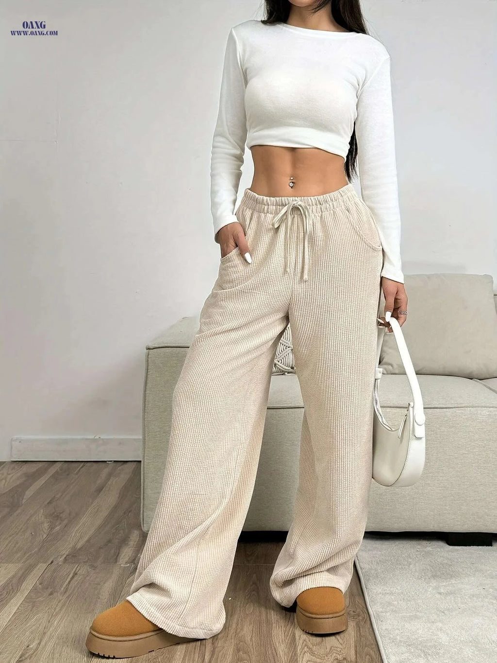 Women's Casual Beige Corduroy Wide-Leg Pants - Full-Length Winter Trousers   OAXG Apricot / S