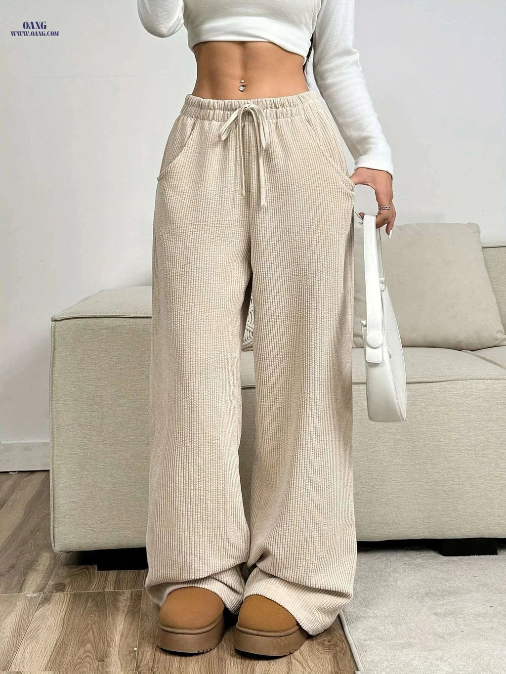 Women's Casual Beige Corduroy Wide-Leg Pants - Full-Length Winter Trousers   OAXG Apricot / S
