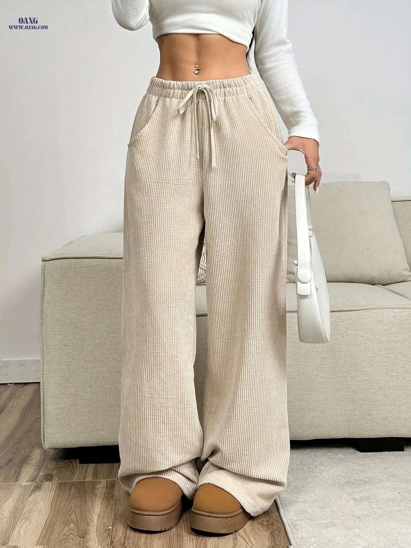 Women's Casual Beige Corduroy Wide-Leg Pants - Full-Length Winter Trousers   OAXG Apricot / S