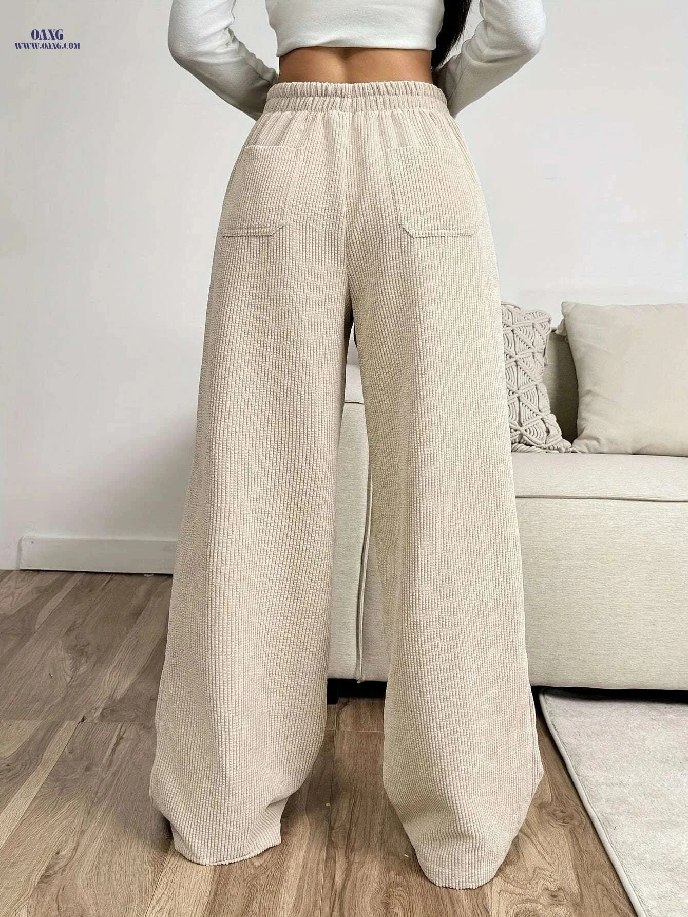 Women's Casual Beige Corduroy Wide-Leg Pants - Full-Length Winter Trousers   OAXG Apricot / S